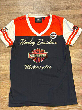 Harley Davidson Womens L T Shirt Orange Black Varsity Jersey Patches NWOT